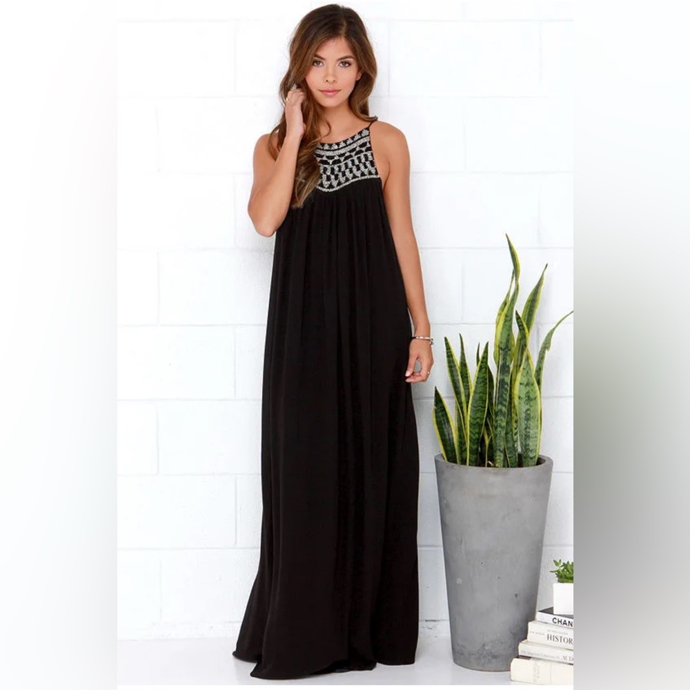 Amuse Society Black and Silver Embellished Low-back Maxi Sundress